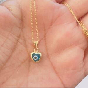 14K Gold tiny Pendant Necklace with Blue heart Evil Eye Design. Brand New
